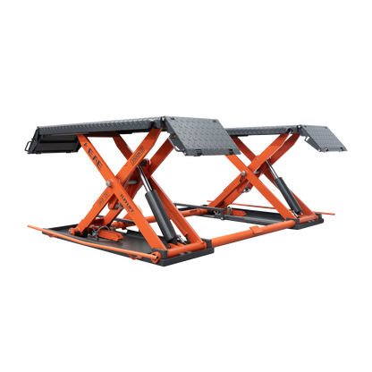 An orange EAE hydraulic scissor lift, model MR35, in an elevated position. The lift showcases dual platforms with textured metal ramps and a lifting capacity of 3500kg, as labeled on the frame.