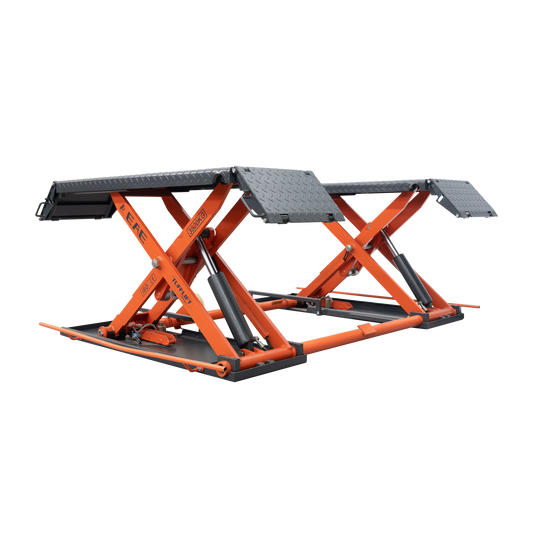 An orange EAE hydraulic scissor lift, model MR35, in an elevated position. The lift showcases dual platforms with textured metal ramps and a lifting capacity of 3500kg, as labeled on the frame.