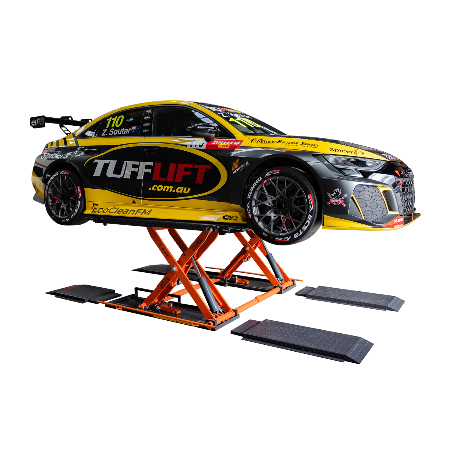 A race car featuring Tufflift branding is elevated on an orange EAE hydraulic scissor lift. The lift supports the car in a fully raised position. The car displays sponsor logos and a sleek black and yellow design.