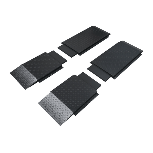 Set of approach ramps designed for scissor lifts, featuring a textured surface for enhanced traction.