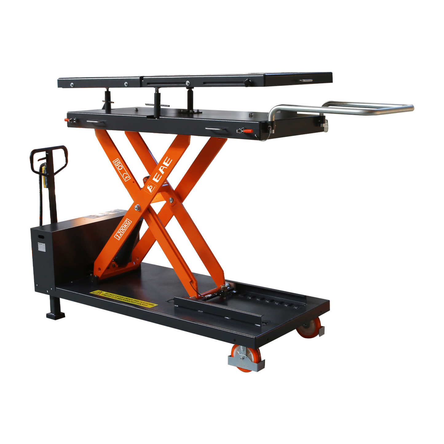 Scissor lift table with orange supports and black platform, designed for lifting and transporting heavy loads in a workshop