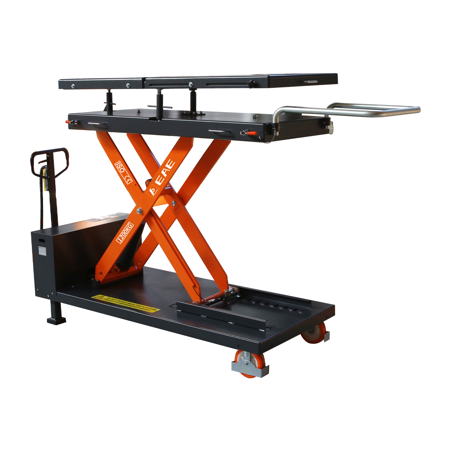 Scissor lift table with orange supports and black platform, designed for lifting and transporting heavy loads in a workshop