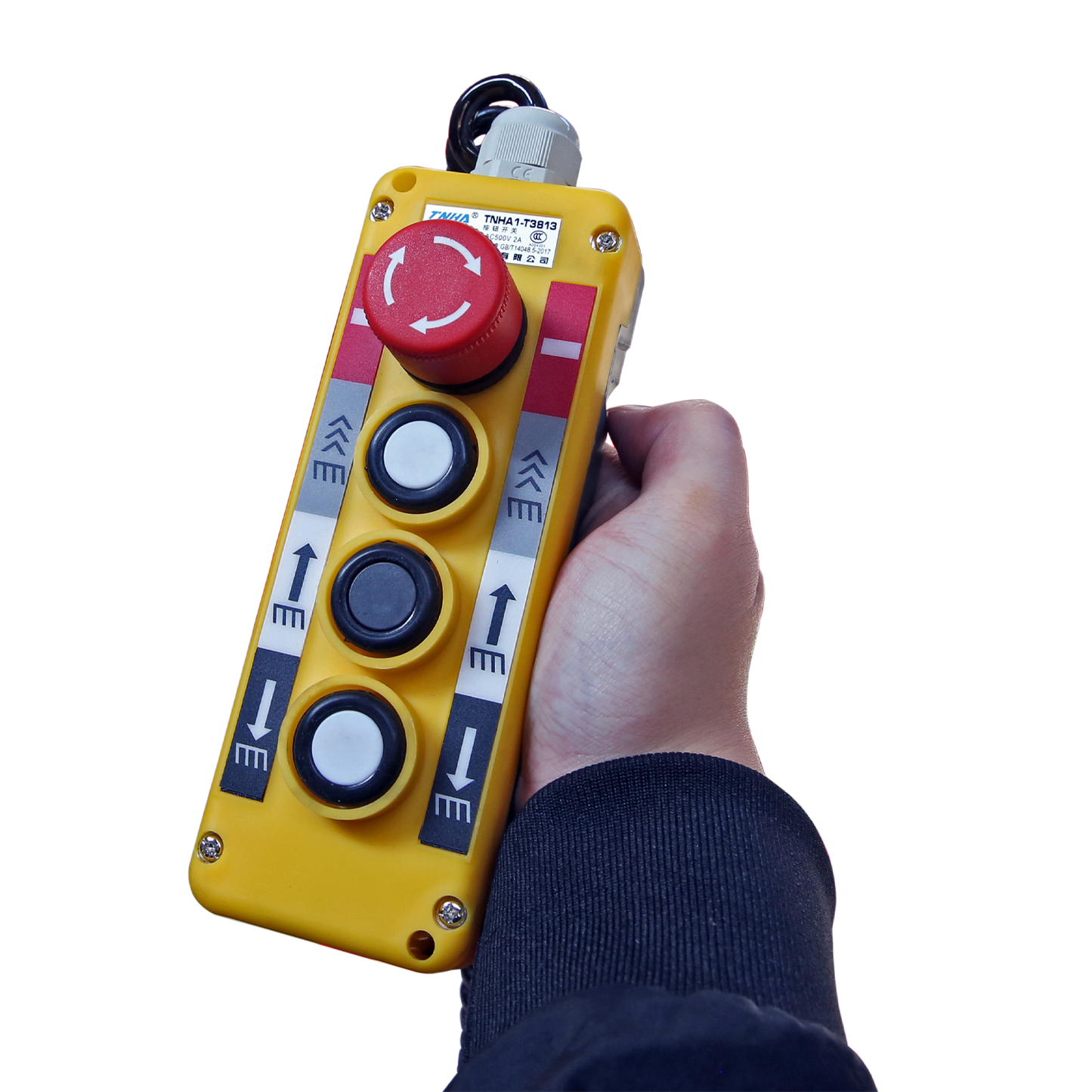 Handheld control panel with buttons and an emergency stop for operating a lift, showcasing user-friendly and safe controls for lifting equipment.