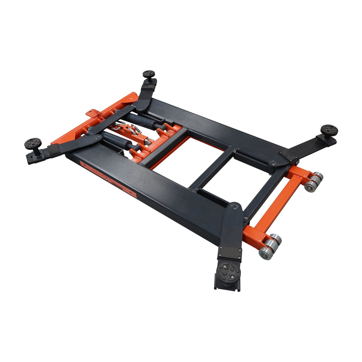 A top-down angle view of an orange and black EAE hydraulic scissor lift, model TS6600, in its fully lowered position. The structural framework and lifting mechanisms are clearly visible.