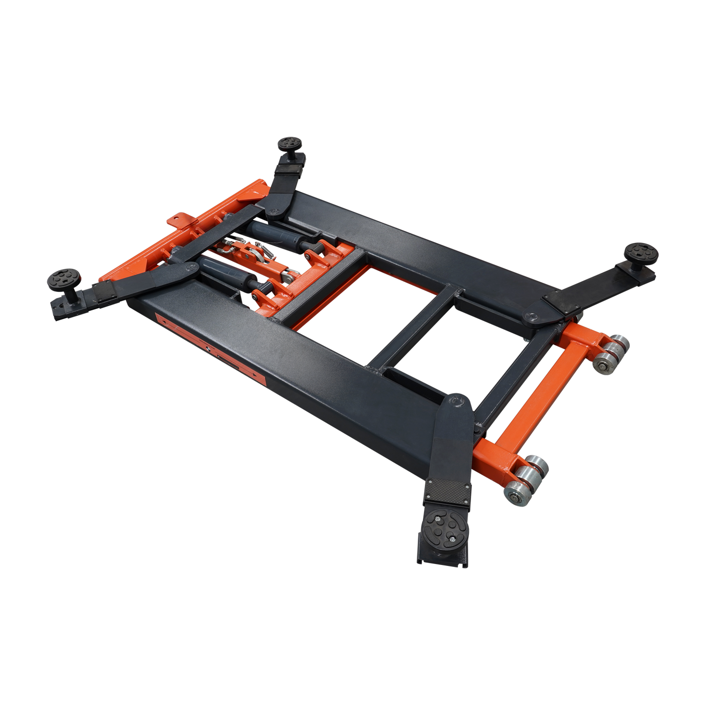 A top-down angle view of an orange and black EAE hydraulic scissor lift, model TS6600, in its fully lowered position. The structural framework and lifting mechanisms are clearly visible.