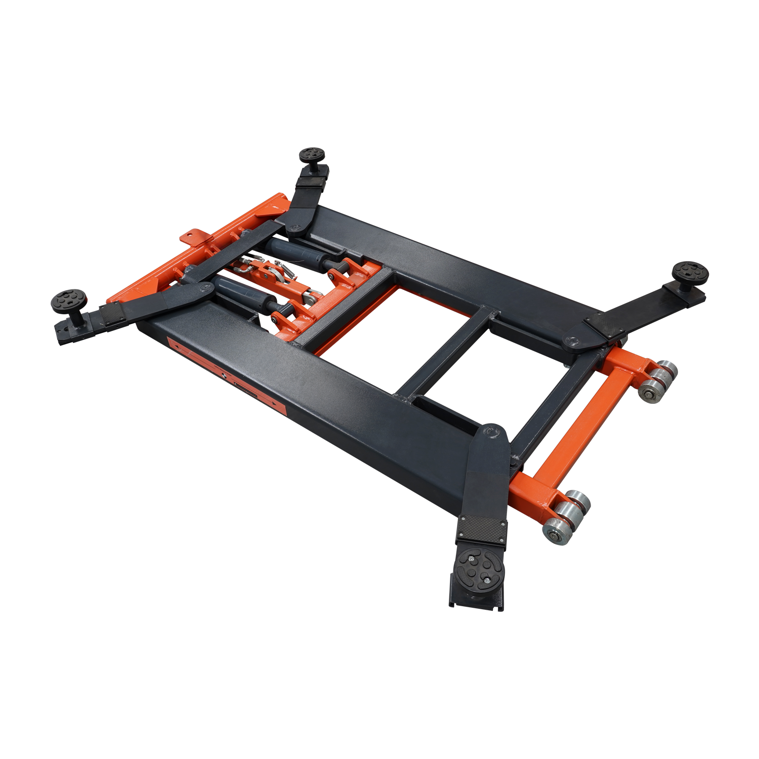 A top-down angle view of an orange and black EAE hydraulic scissor lift, model TS6600, in its fully lowered position. The structural framework and lifting mechanisms are clearly visible.