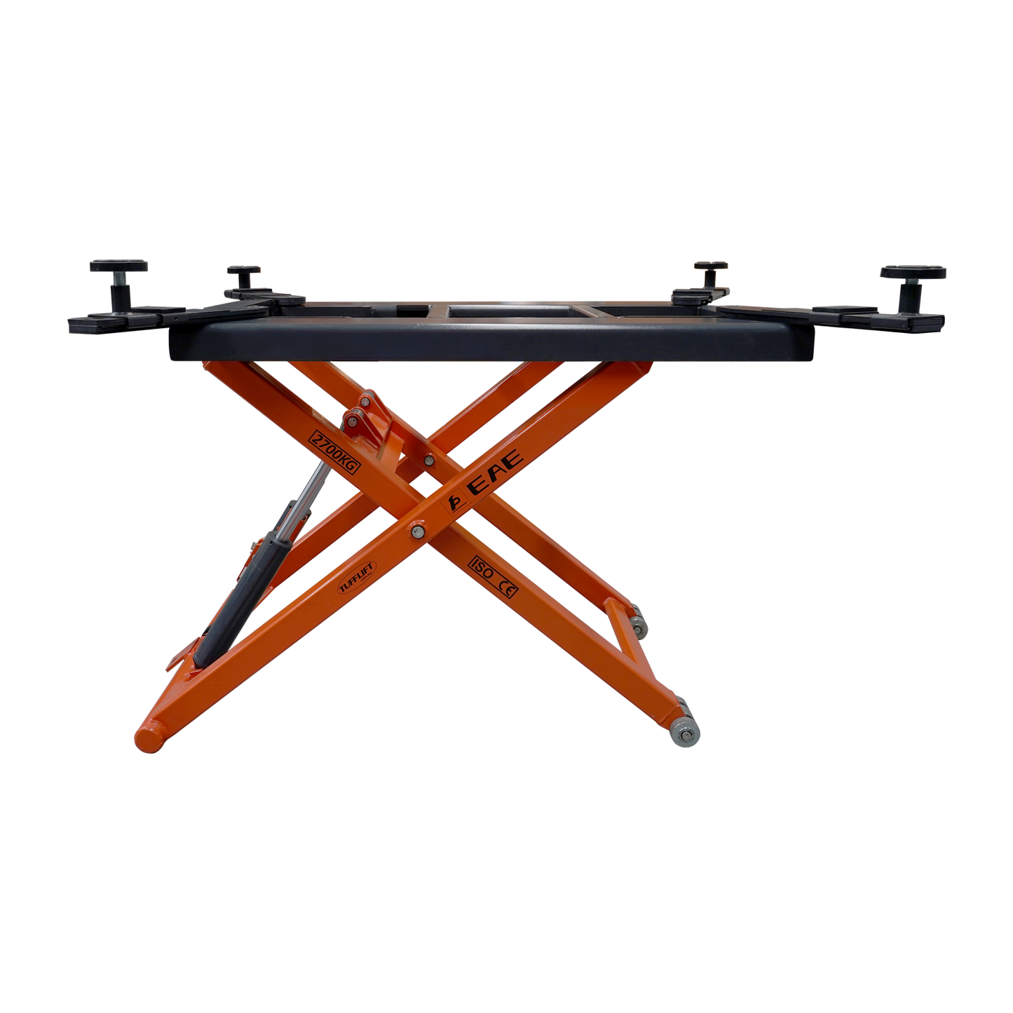 Side view of an orange hydraulic scissor lift platform by EAE. The 2700kg weight capacity, ISO and CE certifications visible on the frame