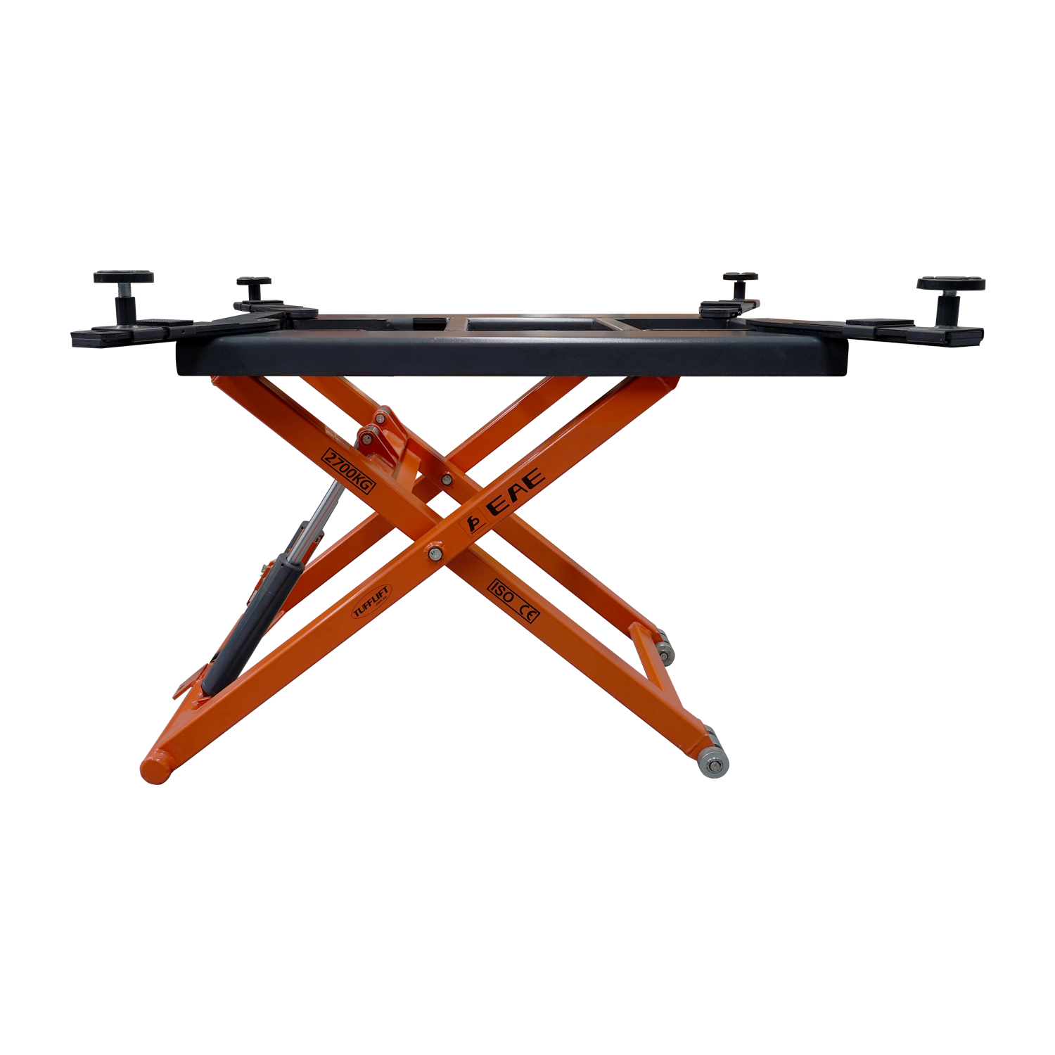 Side view of an orange hydraulic scissor lift platform by EAE. The 2700kg weight capacity, ISO and CE certifications visible on the frame