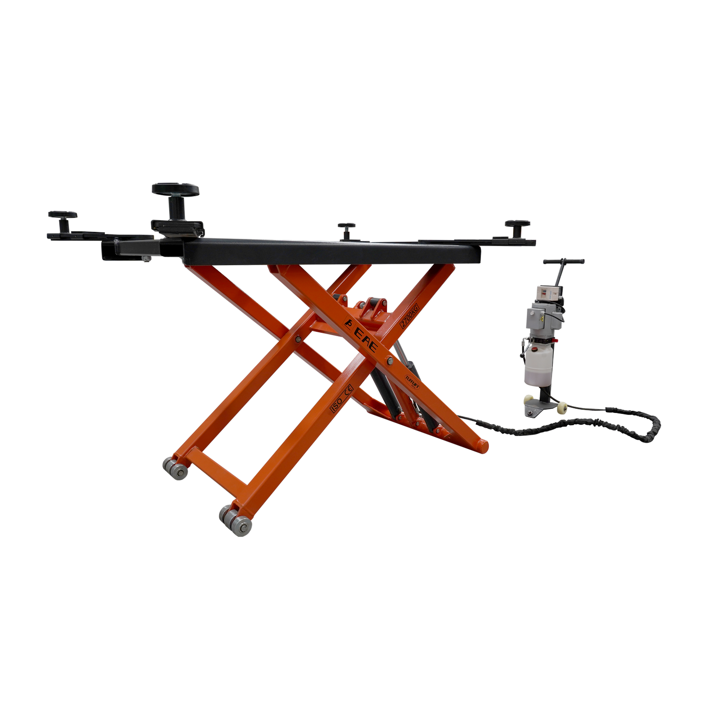 An orange EAE hydraulic scissor lift elevated at full height. The control unit and wiring are visible nearby, showcasing its compact design for vehicle maintenance.