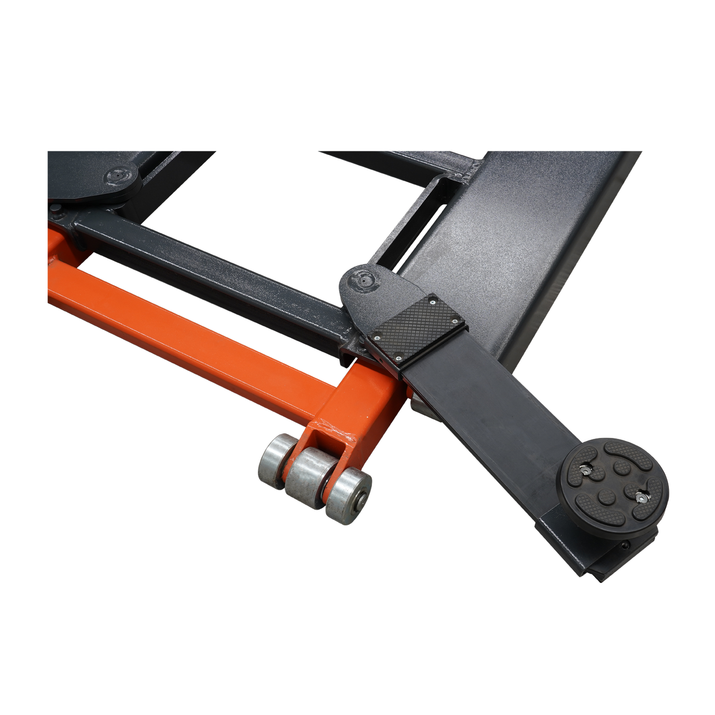 A close-up of the corner section of an orange and black EAE hydraulic scissor lift, focusing on the roller wheels and one of the adjustable lifting arms with a circular pad.