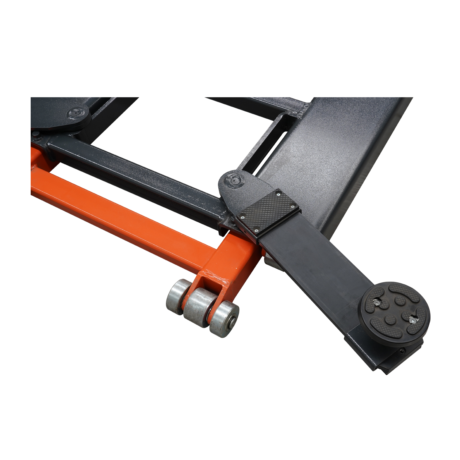 A close-up of the corner section of an orange and black EAE hydraulic scissor lift, focusing on the roller wheels and one of the adjustable lifting arms with a circular pad.