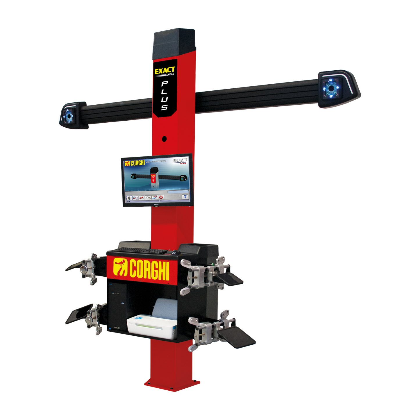 A red Corghi Exact Linear Plus wheel alignment system featuring a tall vertical column with a digital display screen and dual sensor arms. The equipment includes clamps for securing vehicle wheels and advanced camera technology for precise alignment measurements, designed for professional automotive workshops