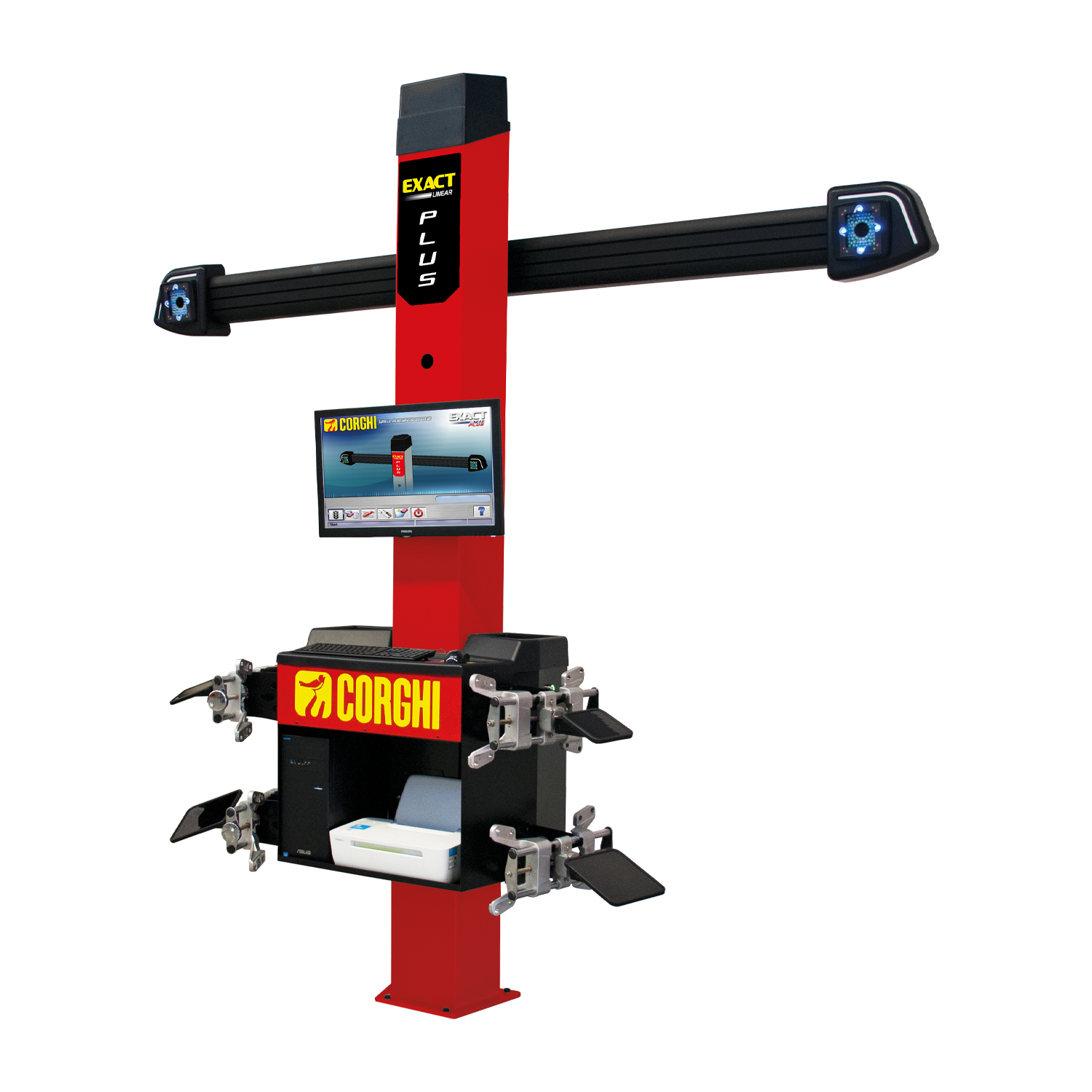 A red Corghi Exact Linear Plus wheel alignment system featuring a tall vertical column with a digital display screen and dual sensor arms. The equipment includes clamps for securing vehicle wheels and advanced camera technology for precise alignment measurements, designed for professional automotive workshops