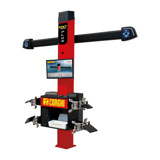 A red Corghi Exact Linear Plus wheel alignment system featuring a tall vertical column with a digital display screen and dual sensor arms. The equipment includes clamps for securing vehicle wheels and advanced camera technology for precise alignment measurements, designed for professional automotive workshops