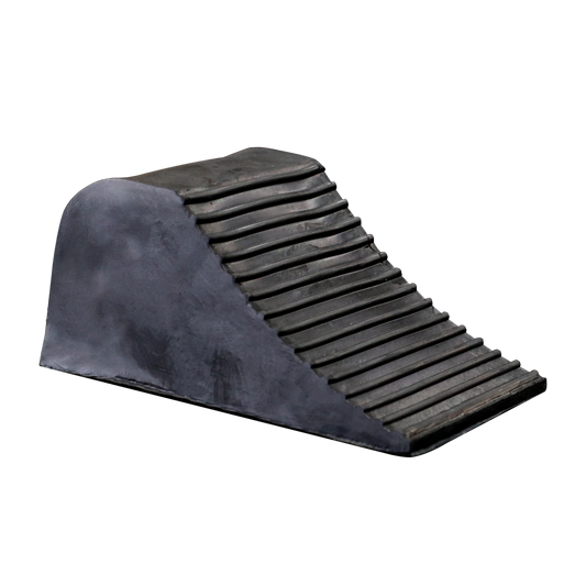 A black rubber wheel chocks with ribbed surfaces, designed to prevent vehicle movement during maintenance or parking. The chocks feature a sturdy, durable construction for securing tires