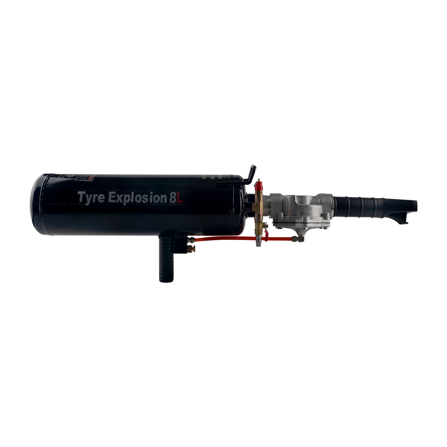 Tyre Explosion 8L device, featuring a black cylindrical air tank with labeled branding, a connected pressure valve system, and a grip handle, designed for rapid tire inflation or bead seating.