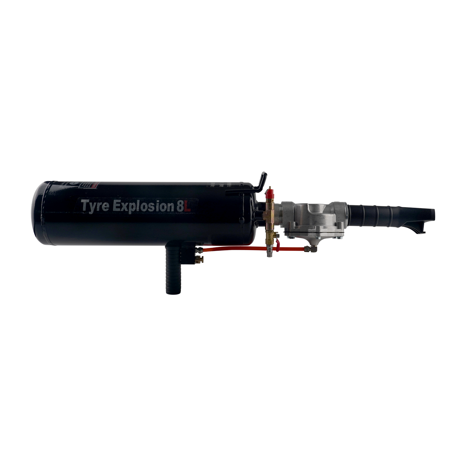 Tyre Explosion 8L device, featuring a black cylindrical air tank with labeled branding, a connected pressure valve system, and a grip handle, designed for rapid tire inflation or bead seating.