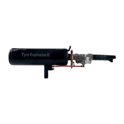 Tyre Explosion 8L device, featuring a black cylindrical air tank with labeled branding, a connected pressure valve system, and a grip handle, designed for rapid tire inflation or bead seating.