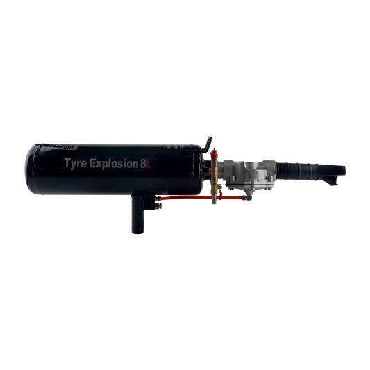 Tyre Explosion 8L device, featuring a black cylindrical air tank with labeled branding, a connected pressure valve system, and a grip handle, designed for rapid tire inflation or bead seating.