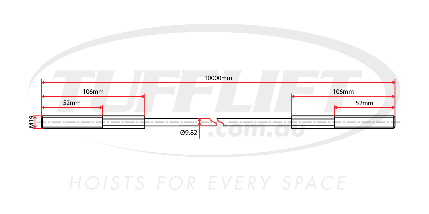 Technical drawing of a 2 Post Car Hoist Cable, measuring 10000mm in length with a diameter of 9.82mm, featuring M19 threads at both ends. The drawing includes detailed measurements of the cable’s threaded sections and spacing, labeled in red against a minimalistic background, highlighting 'Hoists for every space'.