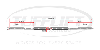 Technical drawing of a 2 Post Car Hoist Cable, measuring 10000mm in length with a diameter of 9.82mm, featuring M19 threads at both ends. The drawing includes detailed measurements of the cable’s threaded sections and spacing, labeled in red against a minimalistic background, highlighting 'Hoists for every space'.