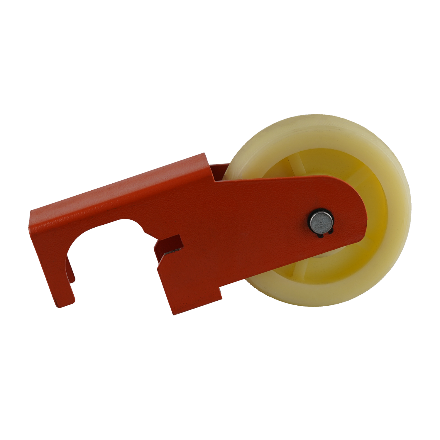 Close-up of a heavy-duty caster wheel with an orange bracket and yellow wheel, designed for mobility on lifting equipment