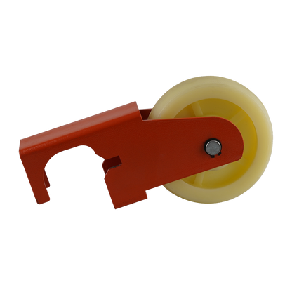 Close-up of a heavy-duty caster wheel with an orange bracket and yellow wheel, designed for mobility on lifting equipment