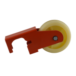 Close-up of a heavy-duty caster wheel with an orange bracket and yellow wheel, designed for mobility on lifting equipment