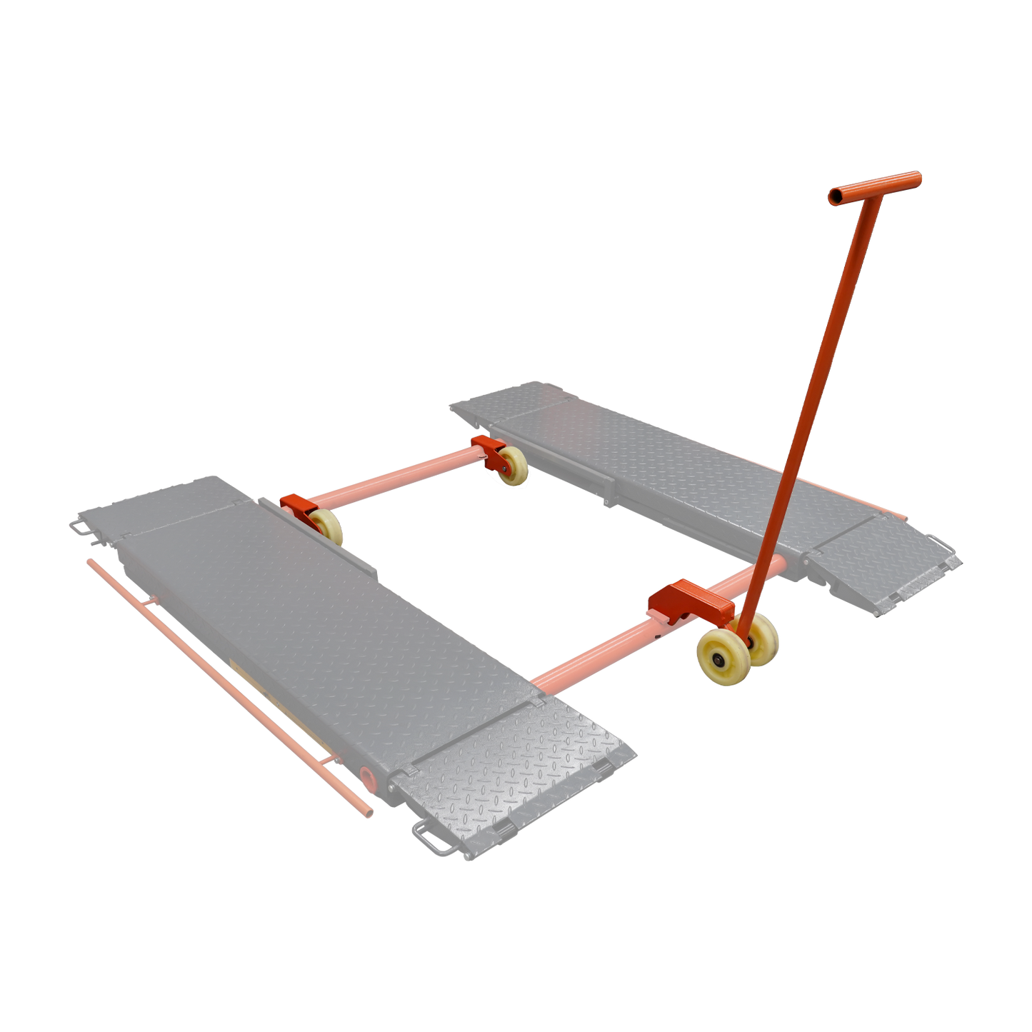 Mobile scissor lift kit assembled with orange bars and yellow casters on a checkered platform, tool handle in place