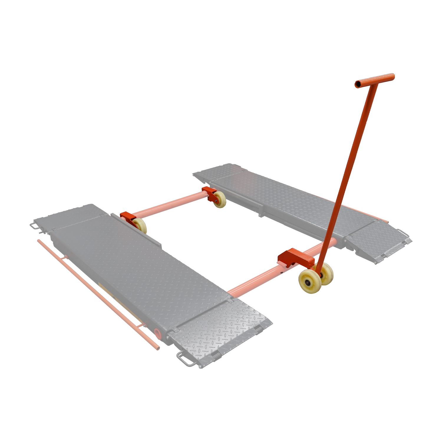 Mobile scissor lift kit assembled with orange bars and yellow casters on a checkered platform, tool handle in place