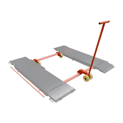 Mobile scissor lift kit assembled with orange bars and yellow casters on a checkered platform, tool handle in place