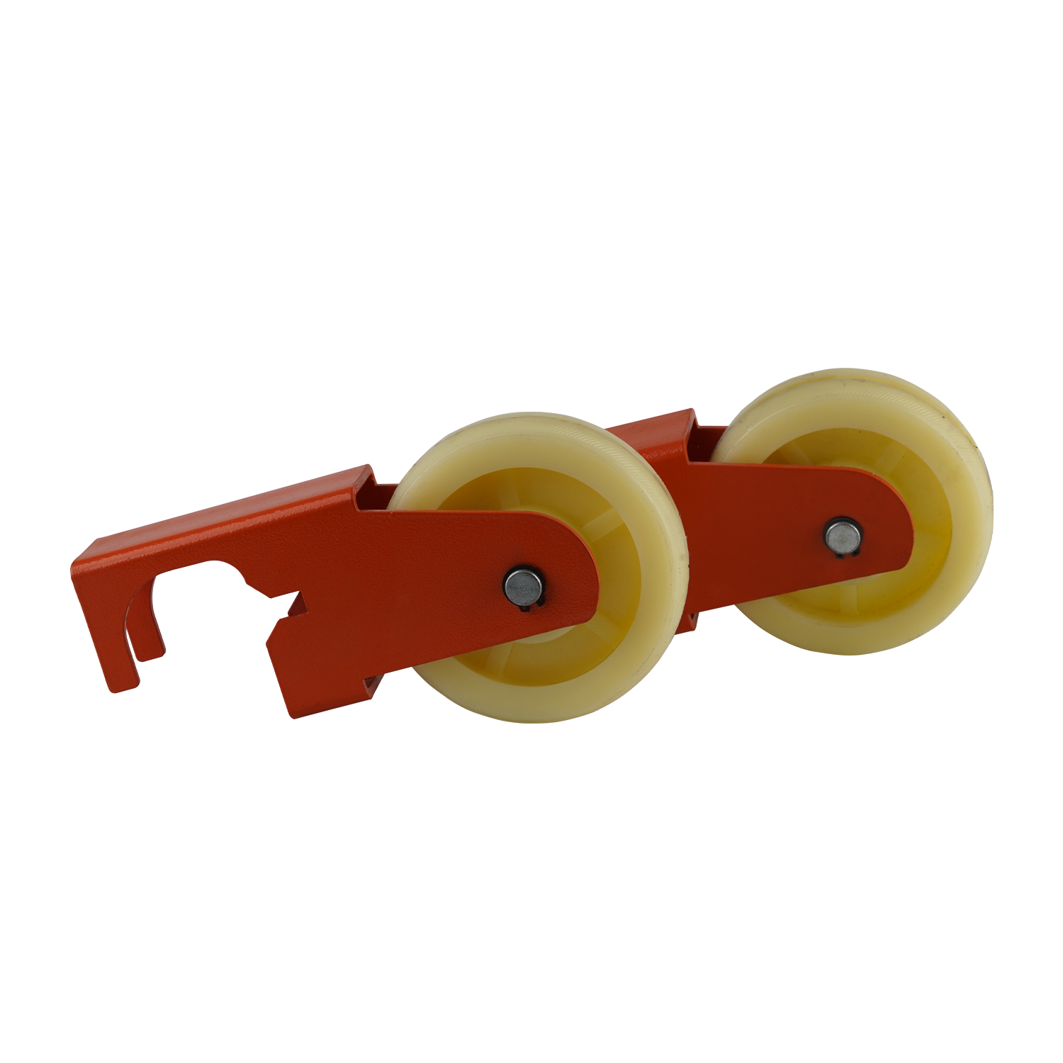 Orange bracket with dual yellow caster wheels, part of a mobile kit for a scissor lift, displayed against a transparent background. 