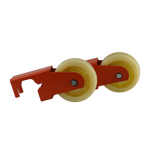 Orange bracket with dual yellow caster wheels, part of a mobile kit for a scissor lift, displayed against a transparent background. 
