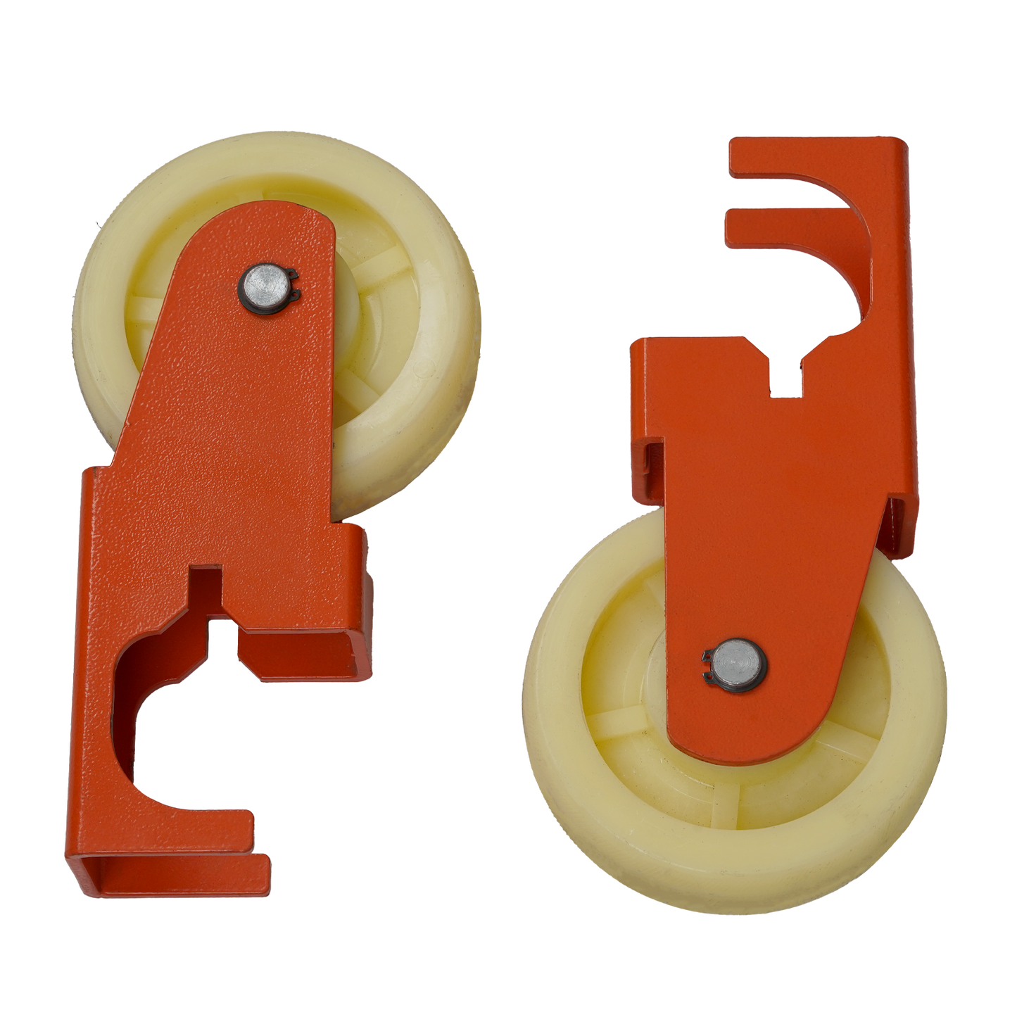 Two orange caster brackets with yellow wheels, designed for easy mobility of heavy-duty equipment such as scissor lifts or hoists. 