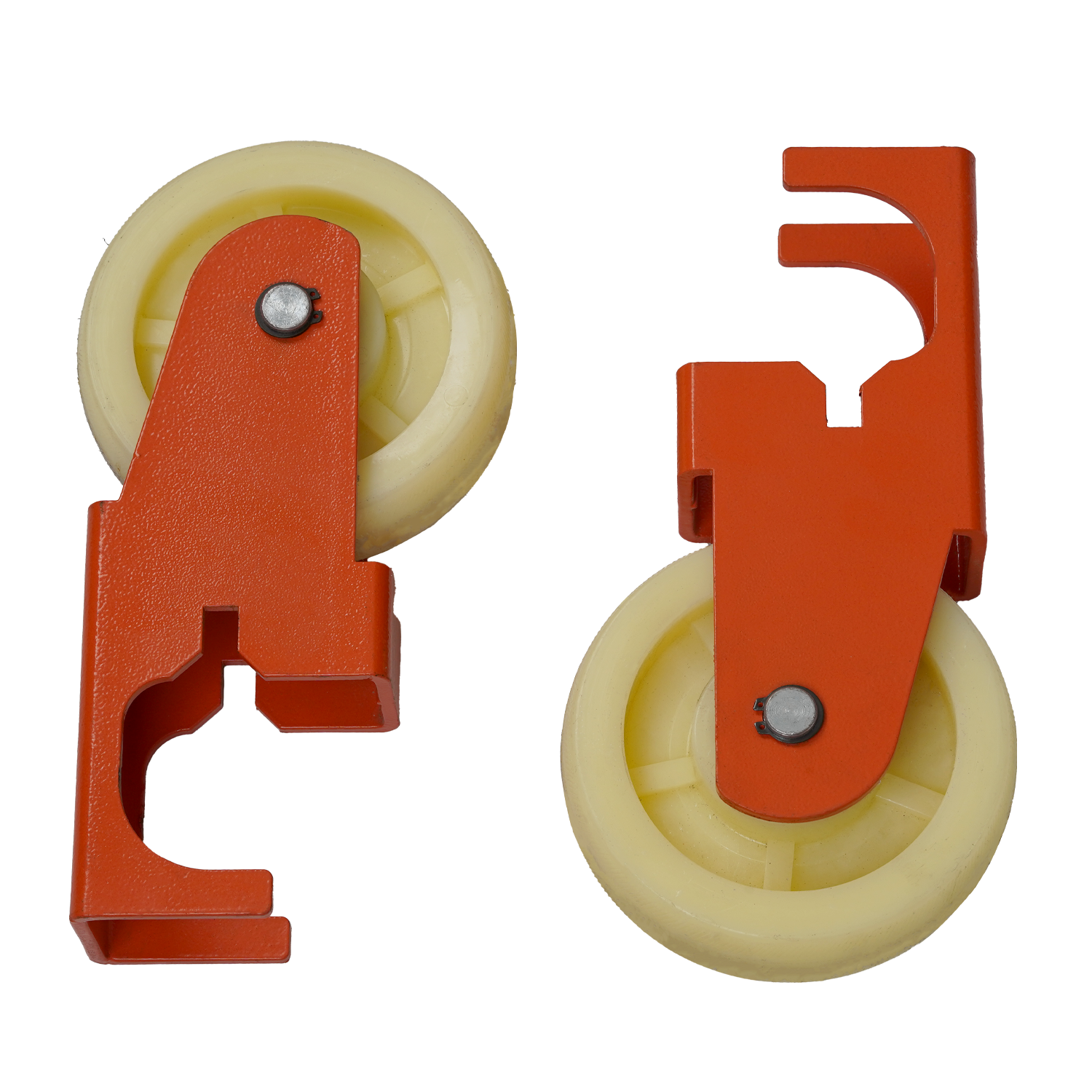 Two orange caster brackets with yellow wheels, designed for easy mobility of heavy-duty equipment such as scissor lifts or hoists. 