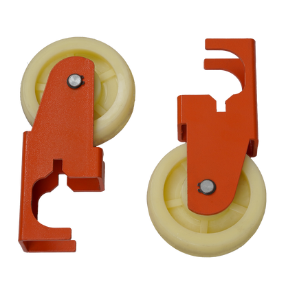 Two orange caster brackets with yellow wheels, designed for easy mobility of heavy-duty equipment such as scissor lifts or hoists. 