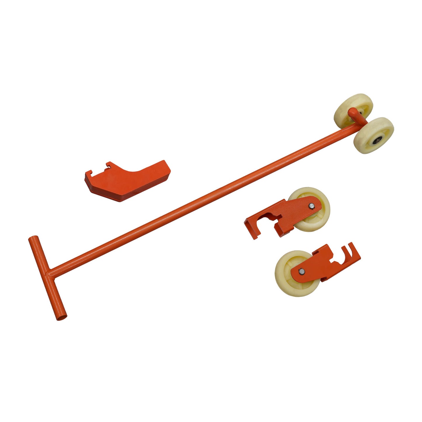 Components of a mobile kit including an orange metal bar with wheels attached, and separate orange cradle adapters for lifting and moving.