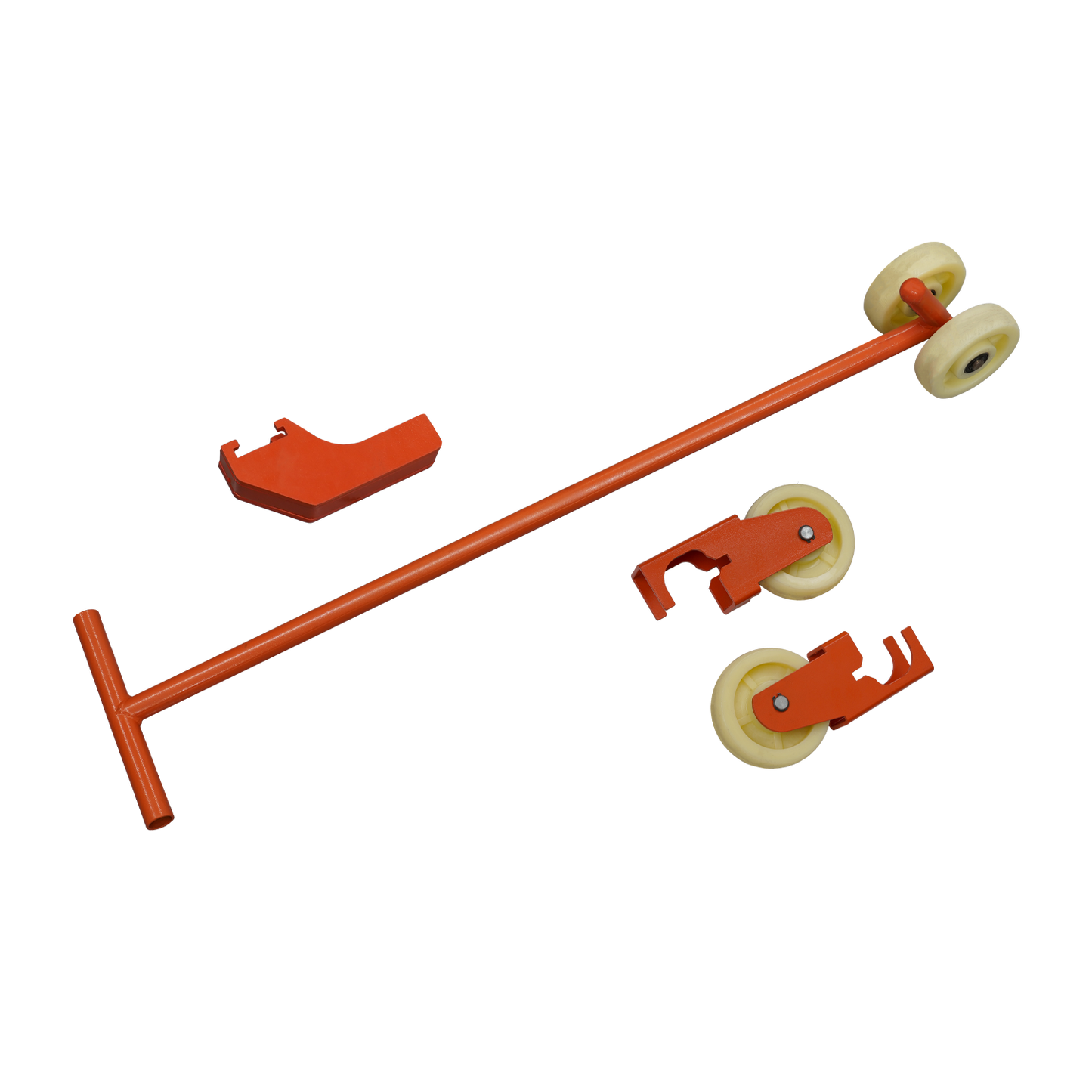 Components of a mobile kit including an orange metal bar with wheels attached, and separate orange cradle adapters for lifting and moving.