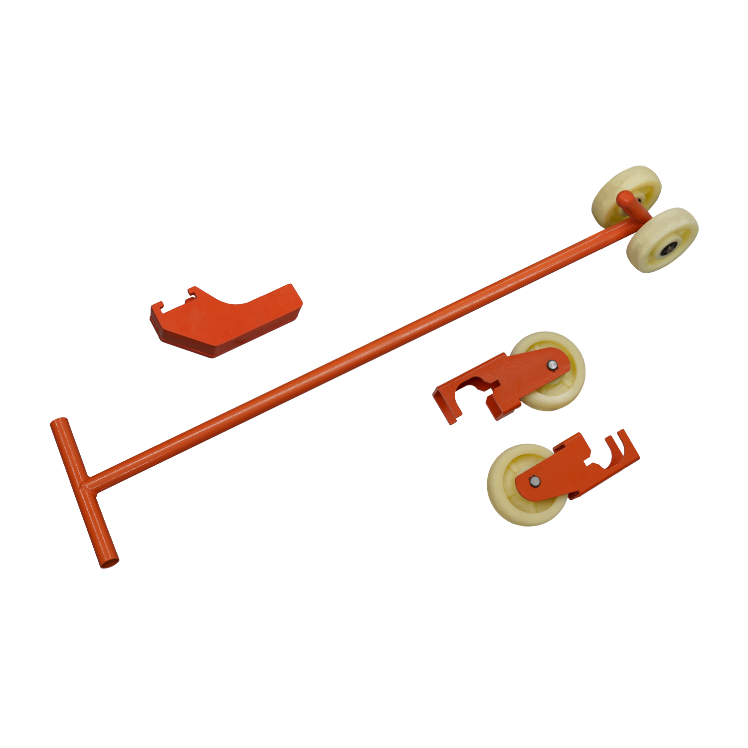 Components of a mobile kit including an orange metal bar with wheels attached, and separate orange cradle adapters for lifting and moving.