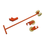 Components of a mobile kit including an orange metal bar with wheels attached, and separate orange cradle adapters for lifting and moving.
