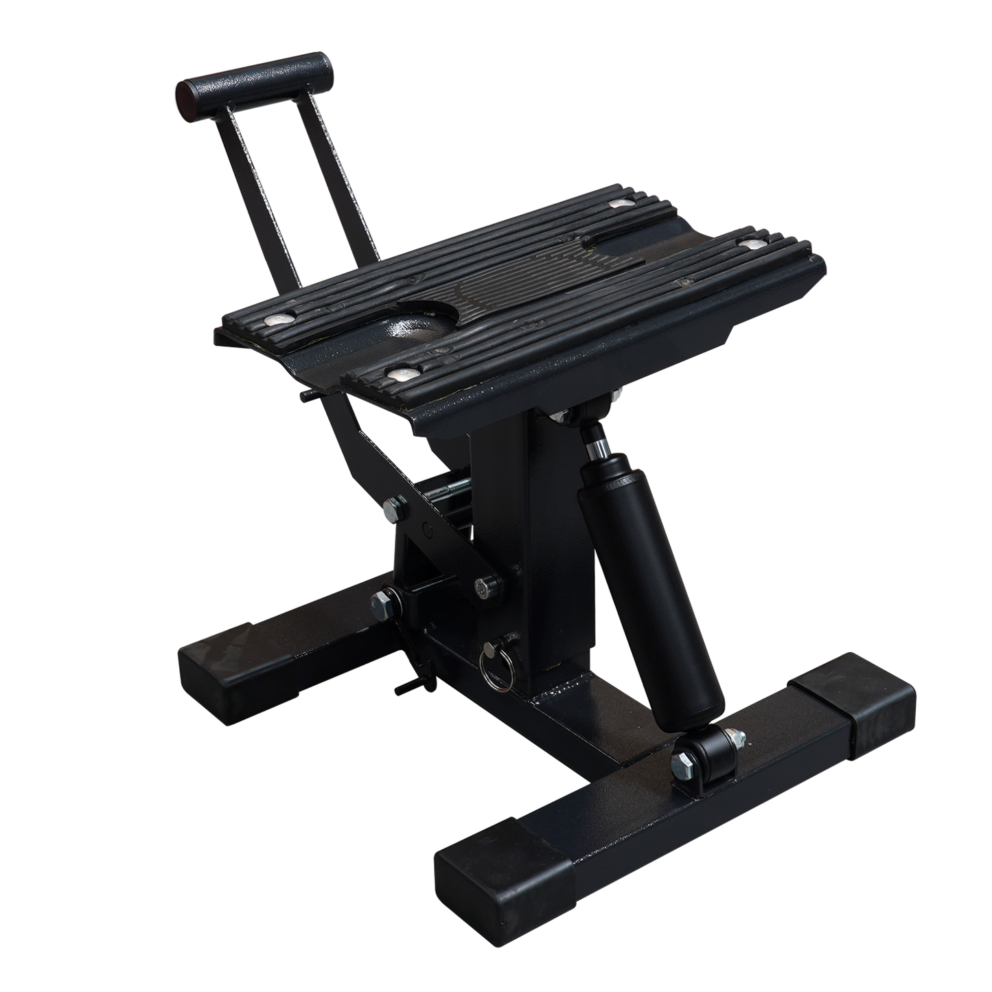 Black compact motorcycle stand, designed for securely lifting and supporting motorcycles. - Motorcycle Stand | TLMMXS