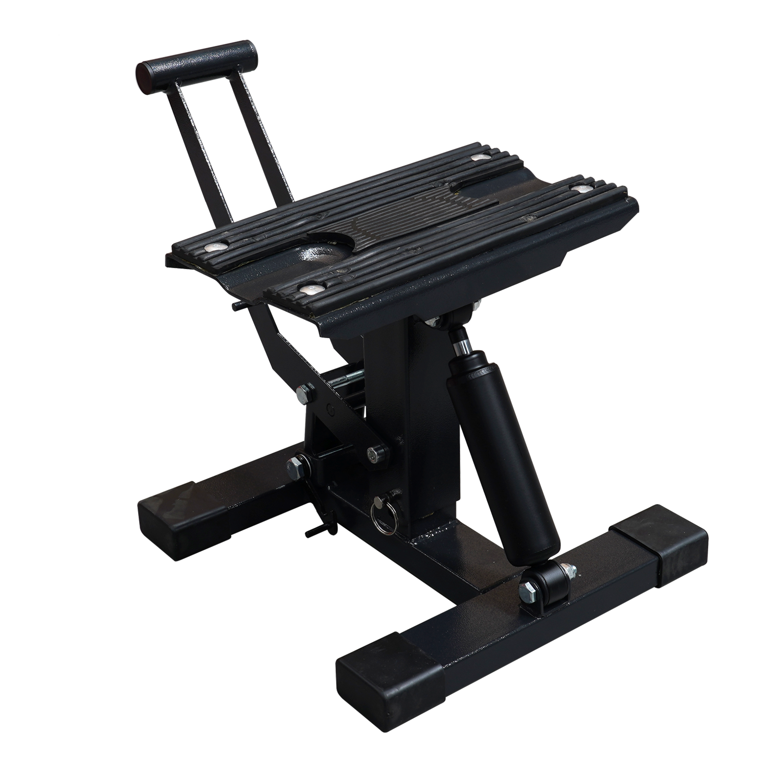 Black compact motorcycle stand, designed for securely lifting and supporting motorcycles. - Motorcycle Stand | TLMMXS