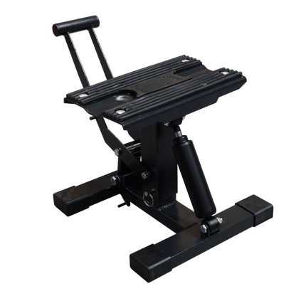 Black compact motorcycle stand, designed for securely lifting and supporting motorcycles. - Motorcycle Stand | TLMMXS