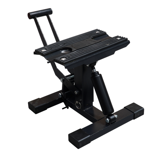 Black compact motorcycle stand, designed for securely lifting and supporting motorcycles. - Motorcycle Stand | TLMMXS