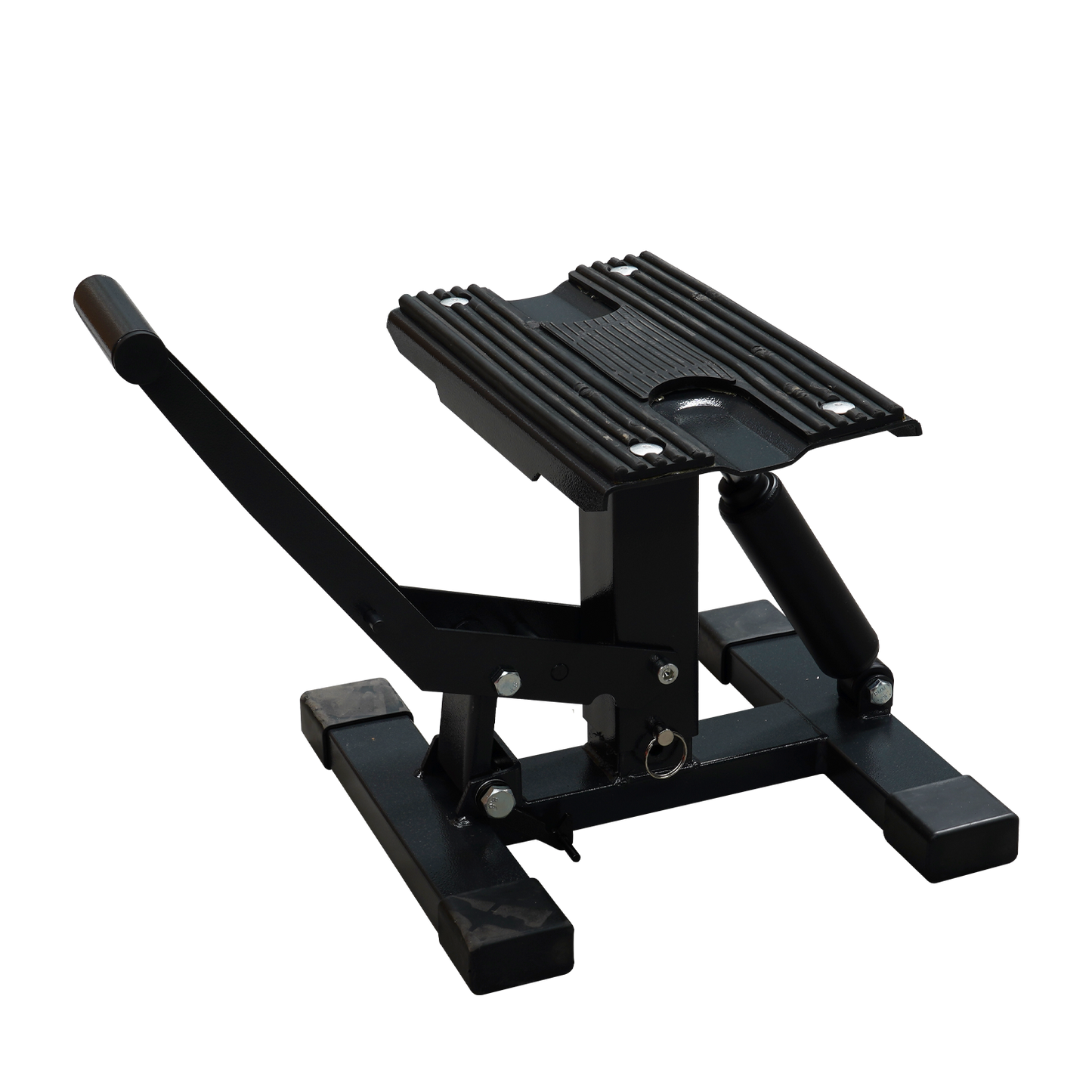 Side view of a black compact motorcycle stand, designed for securely lifting and supporting motorcycles. - Motorcycle Stand | TLMMXS