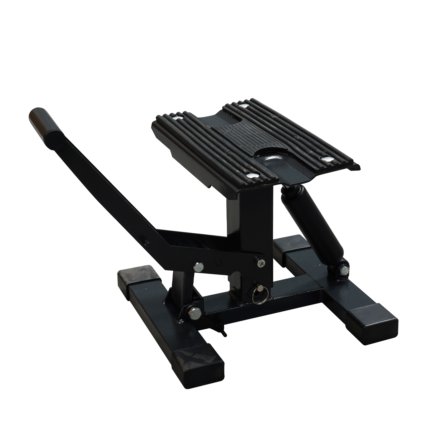 Side view of a black compact motorcycle stand, designed for securely lifting and supporting motorcycles. - Motorcycle Stand | TLMMXS