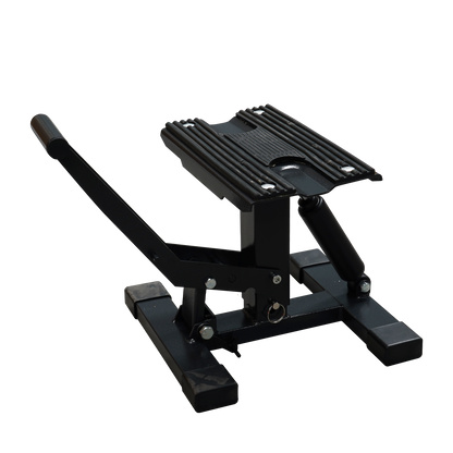 Side view of a black compact motorcycle stand, designed for securely lifting and supporting motorcycles. - Motorcycle Stand | TLMMXS