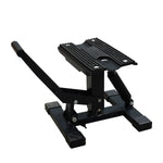 Side view of a black compact motorcycle stand, designed for securely lifting and supporting motorcycles. - Motorcycle Stand | TLMMXS