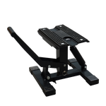 Side view of a black compact motorcycle stand, designed for securely lifting and supporting motorcycles. - Motorcycle Stand | TLMMXS