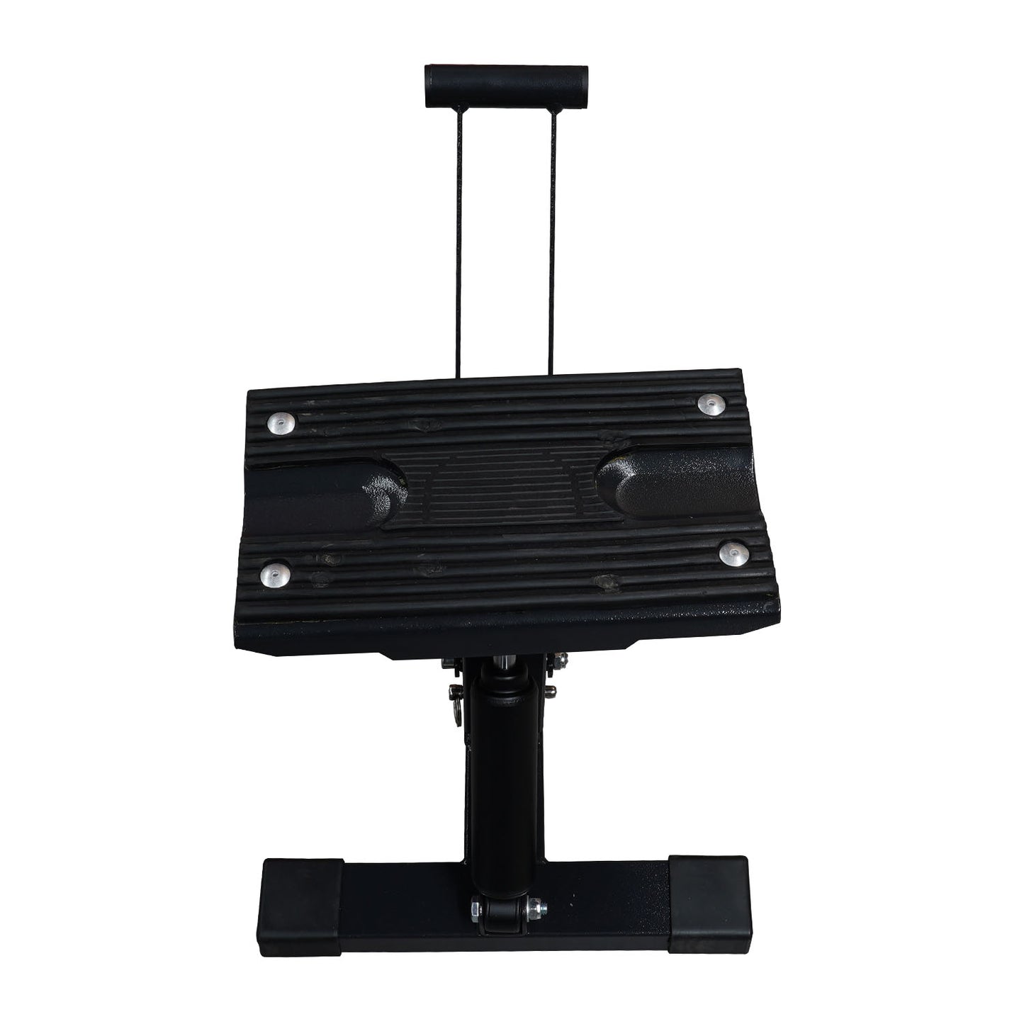 Front view of a black compact motorcycle stand, designed for securely lifting and supporting motorcycles. - Motorcycle Stand | TLMMXS